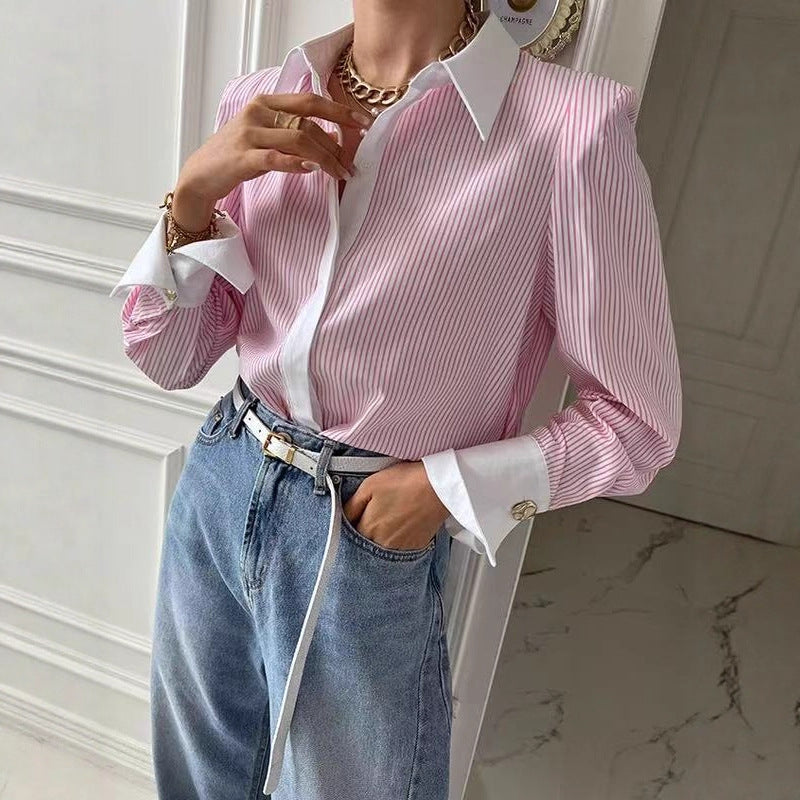 Spring and Autumn Temperament Commuter Fashion Casual High-end Shirt Women's Splicing Long Sleeve Striped Women's Shirt