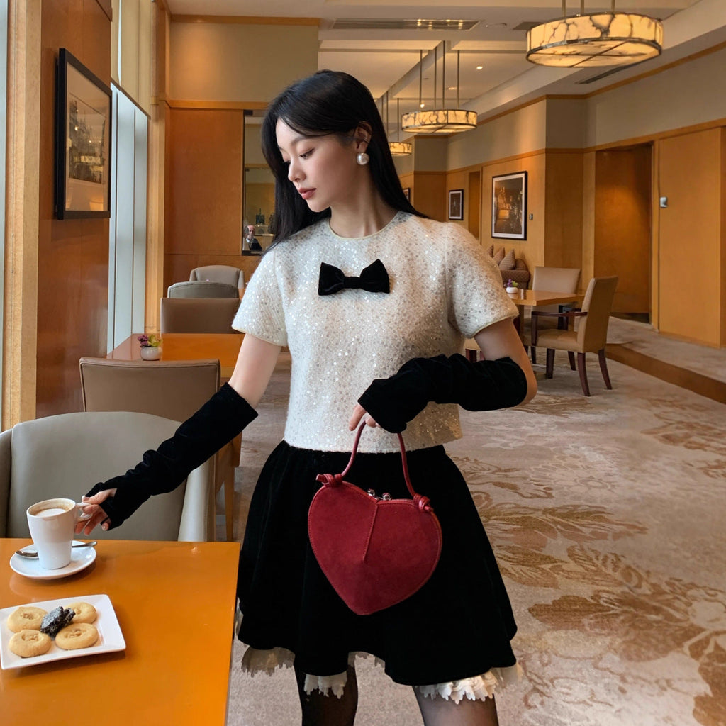 Sequin bow small fragrance style short-sleeved T-shirt