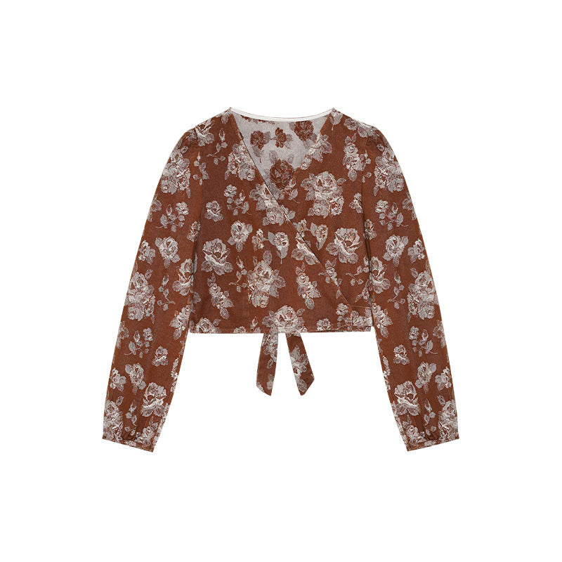 Maillard Temperament Vintage Back Strap Long Sleeve V-Neck Printed Shirt