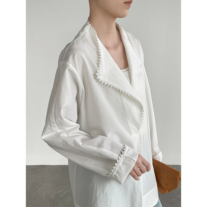 Serrated Lace Semi-Open Collar Loose Long Sleeve Shirt