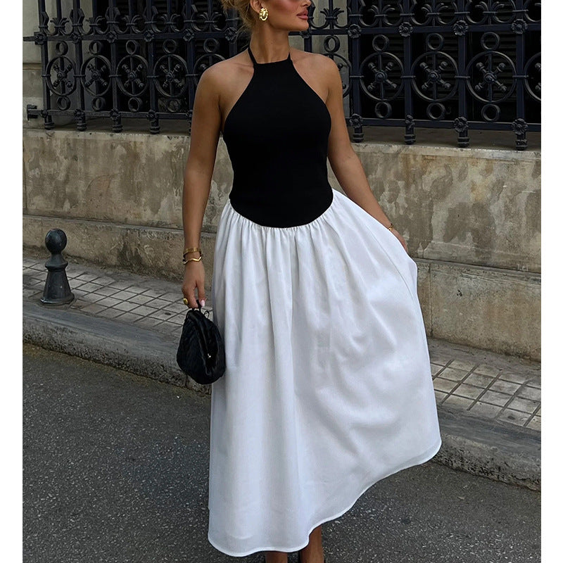 Slip pleated skirt, chiffon long skirt, spliced halterneck sexy dress