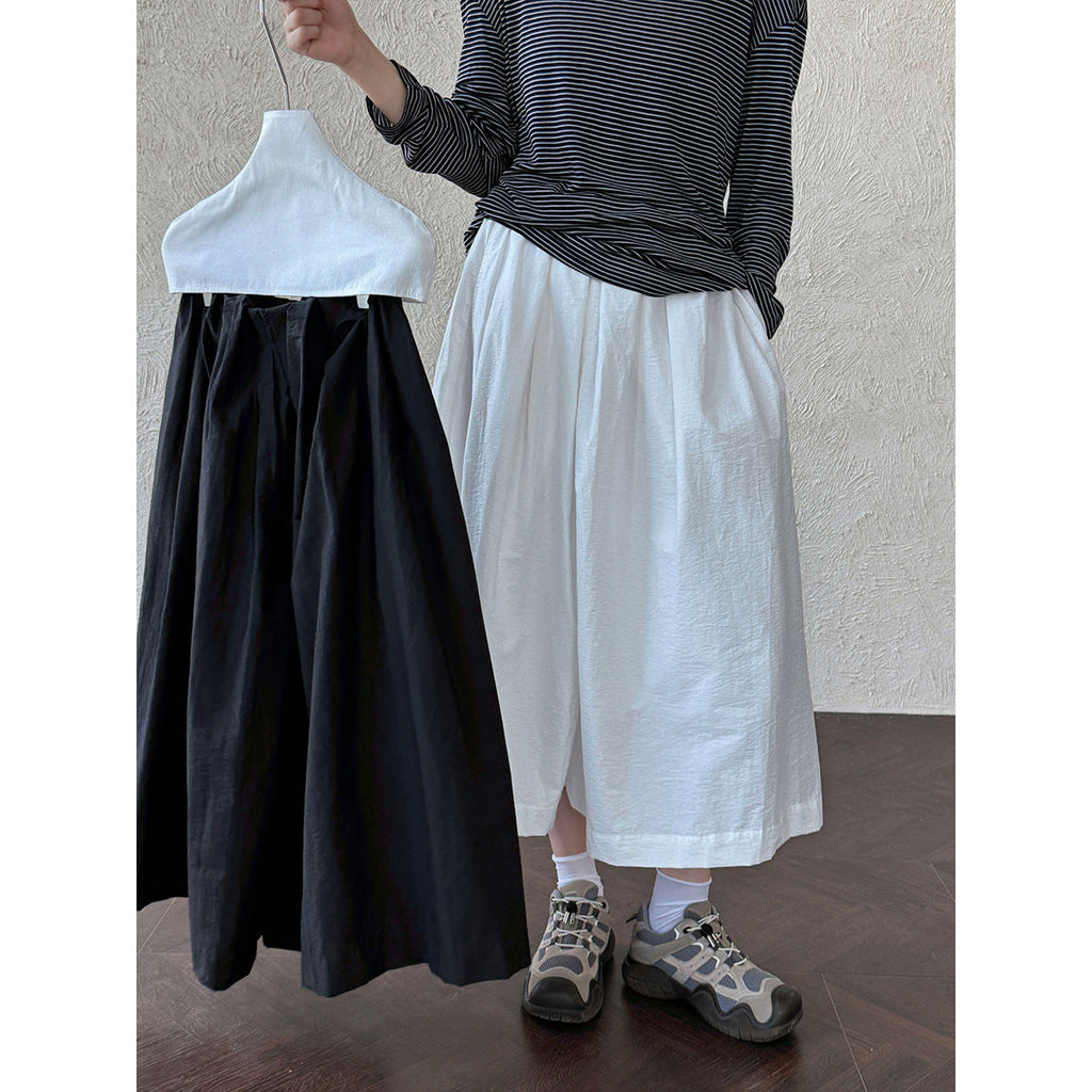 Design sense casual A-shaped loose wide-leg pants summer pleated elastic waist silhouette seven-point pants
