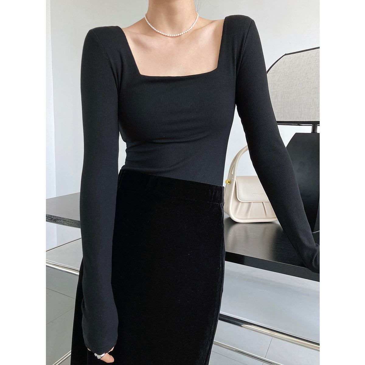 Design Sense Long Sleeve Square Neck T-Shirt Women's Slim Skinny Showing Clavicle Low Neck Short Top Bottom Shirt