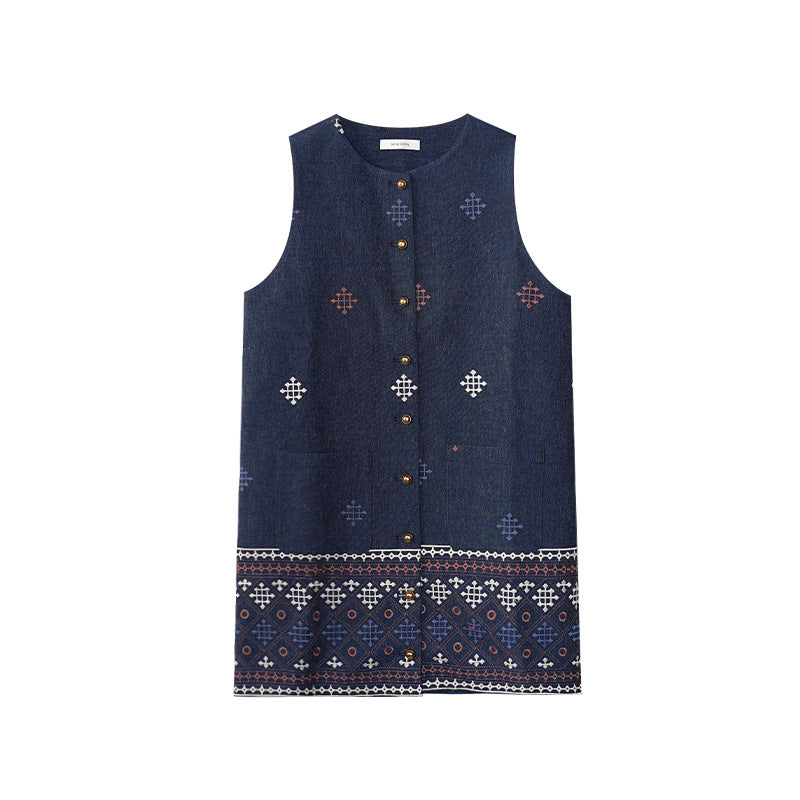 Women's Floral Embroidered Single-Breasted Sleeveless Vest Mini Dress
