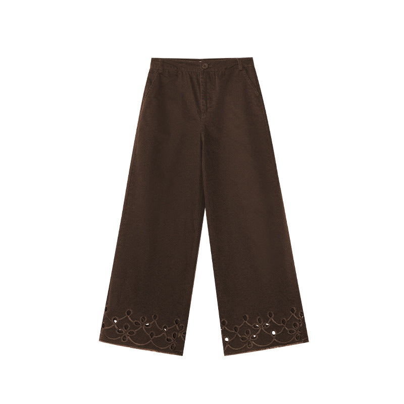 Age-reducing versatile hollow lace mid-rise straight casual pants