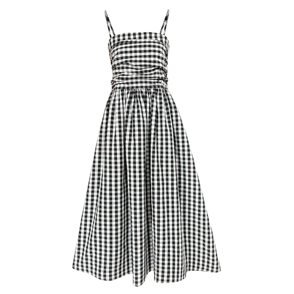 French high-end plaid tube top suspender dress women's spring off-the-shoulder pleated waist a-word long dress