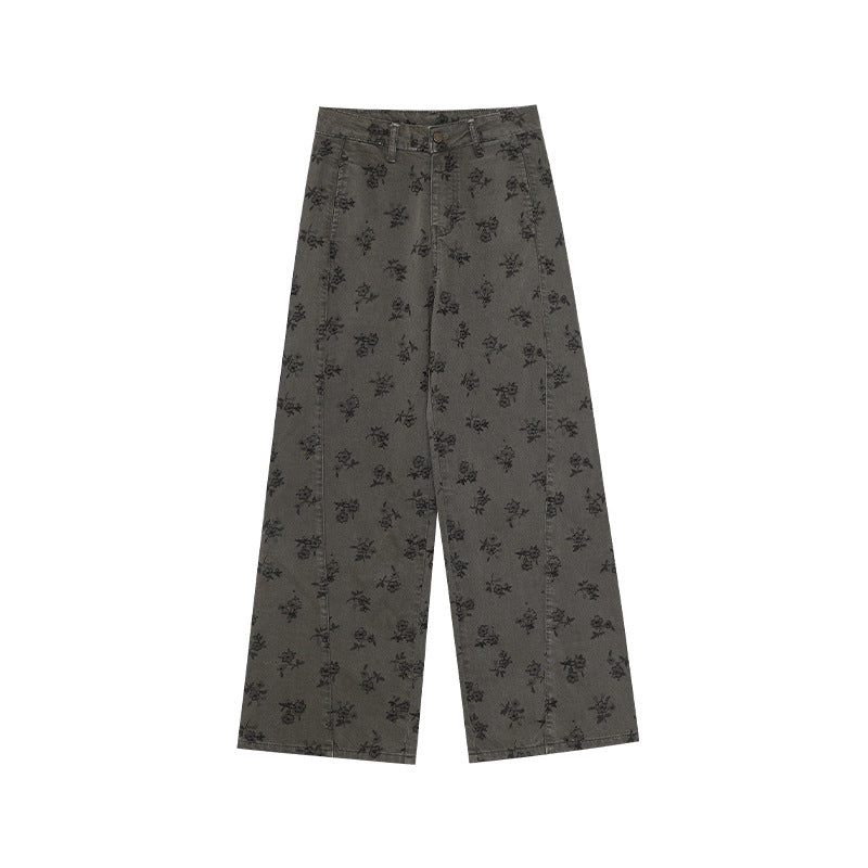 Casual slim cotton-blend dark printed straight denim trousers