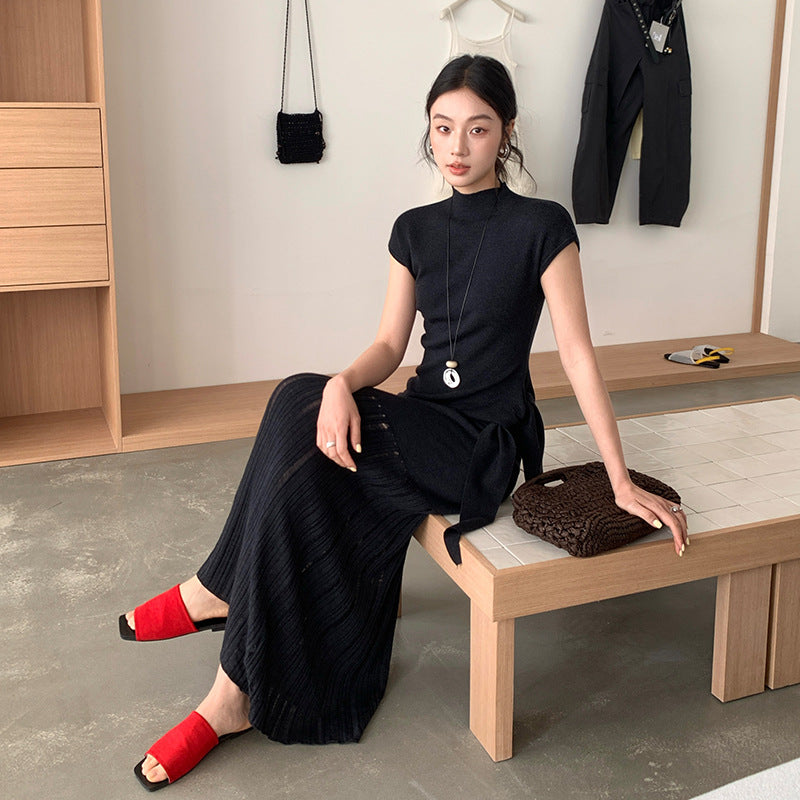 Spring minimalist style tie-up tie stand-up collar solid color knitted short-sleeved T-shirt 59027