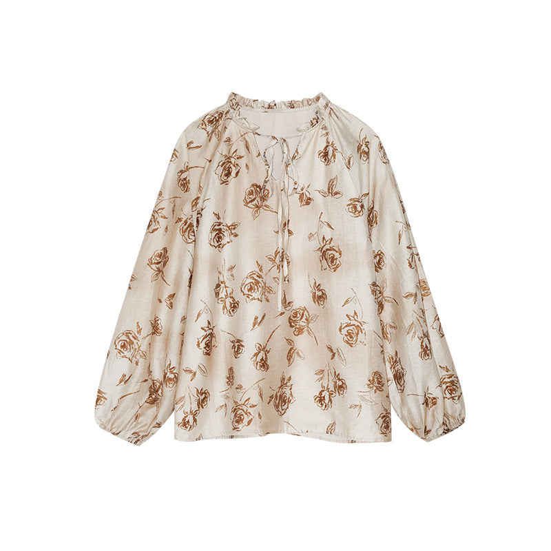 Autumn French retro loose Tencel hemp print lace-up stand-up collar shirt