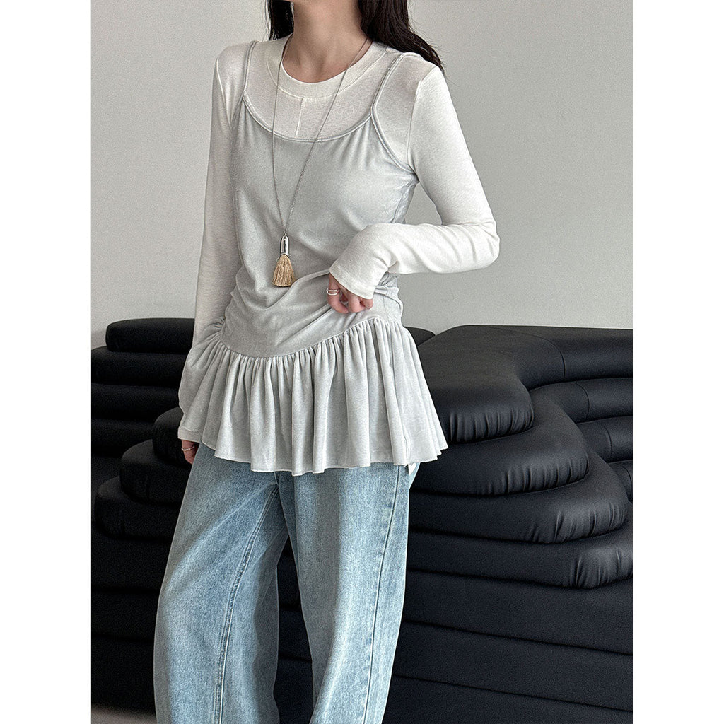 Korean irregular velvet suspender vest skirt women fold in early spring wear versatile slim top