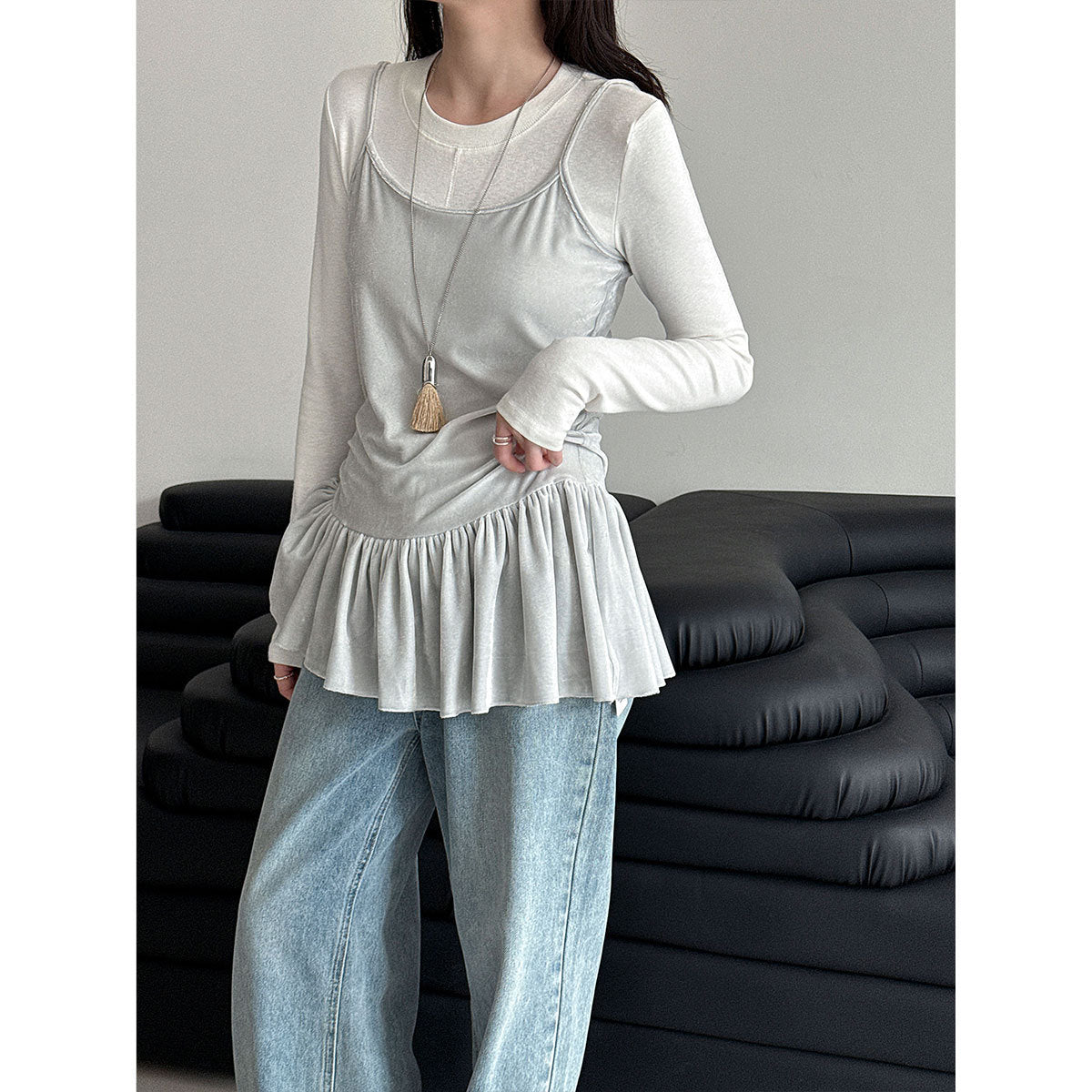Korean irregular velvet suspender vest skirt women fold in early spring wear versatile slim top