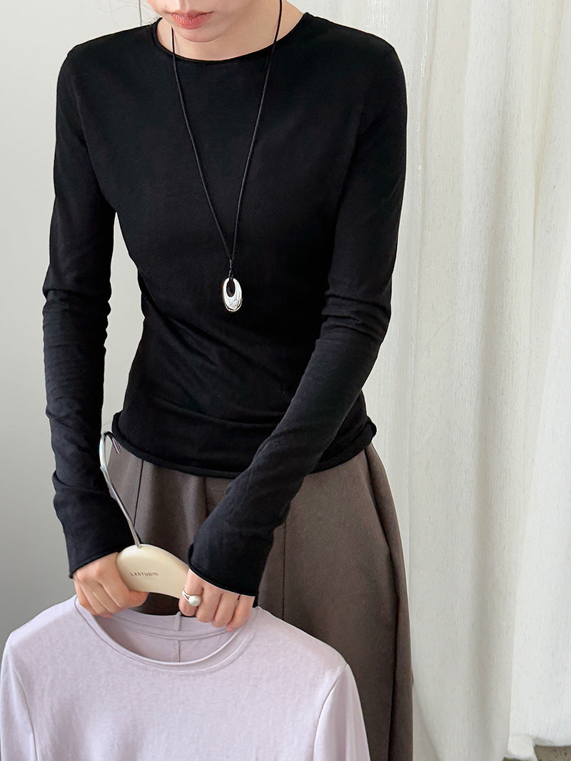 Korean versatile curled round neck T-shirt bottoming shirt women's autumn new long-sleeved slim-fit top