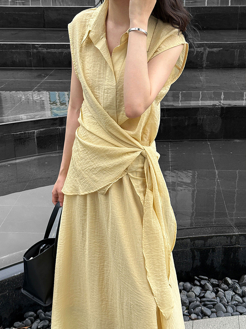 Korean design temperament strap top + high waist skirt summer new shirt set