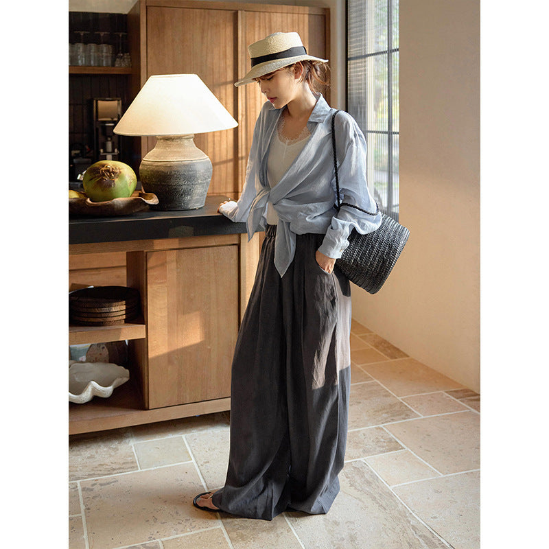 Lazy Tencel linen elastic waist covering and thin casual pants