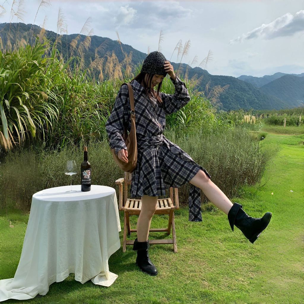 Literary retro waist plaid shirt dress