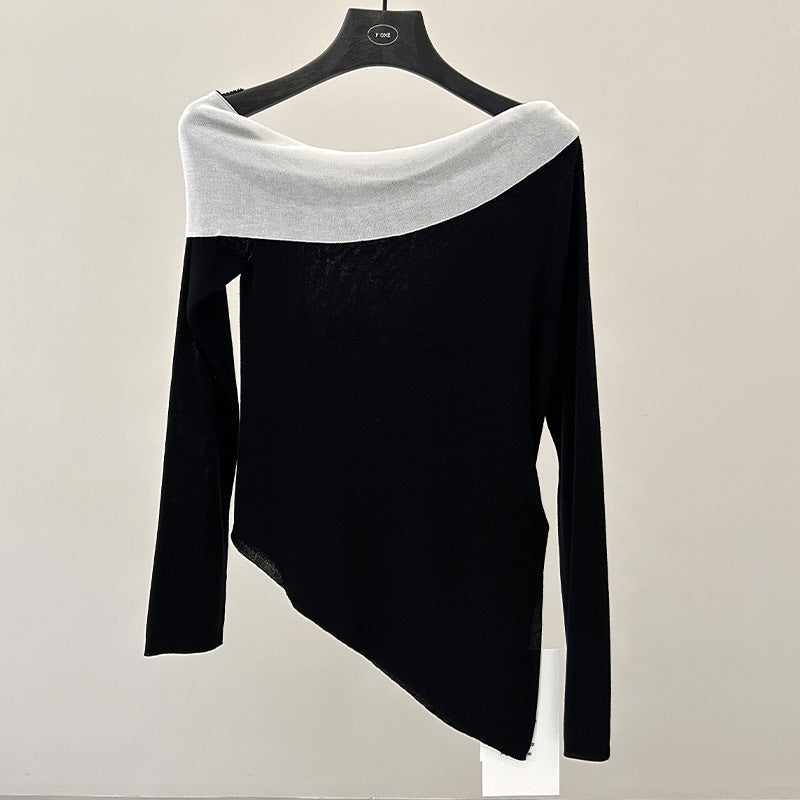 Design contrasting slanted shoulder knitted sweater spring irregular lyocell slim top