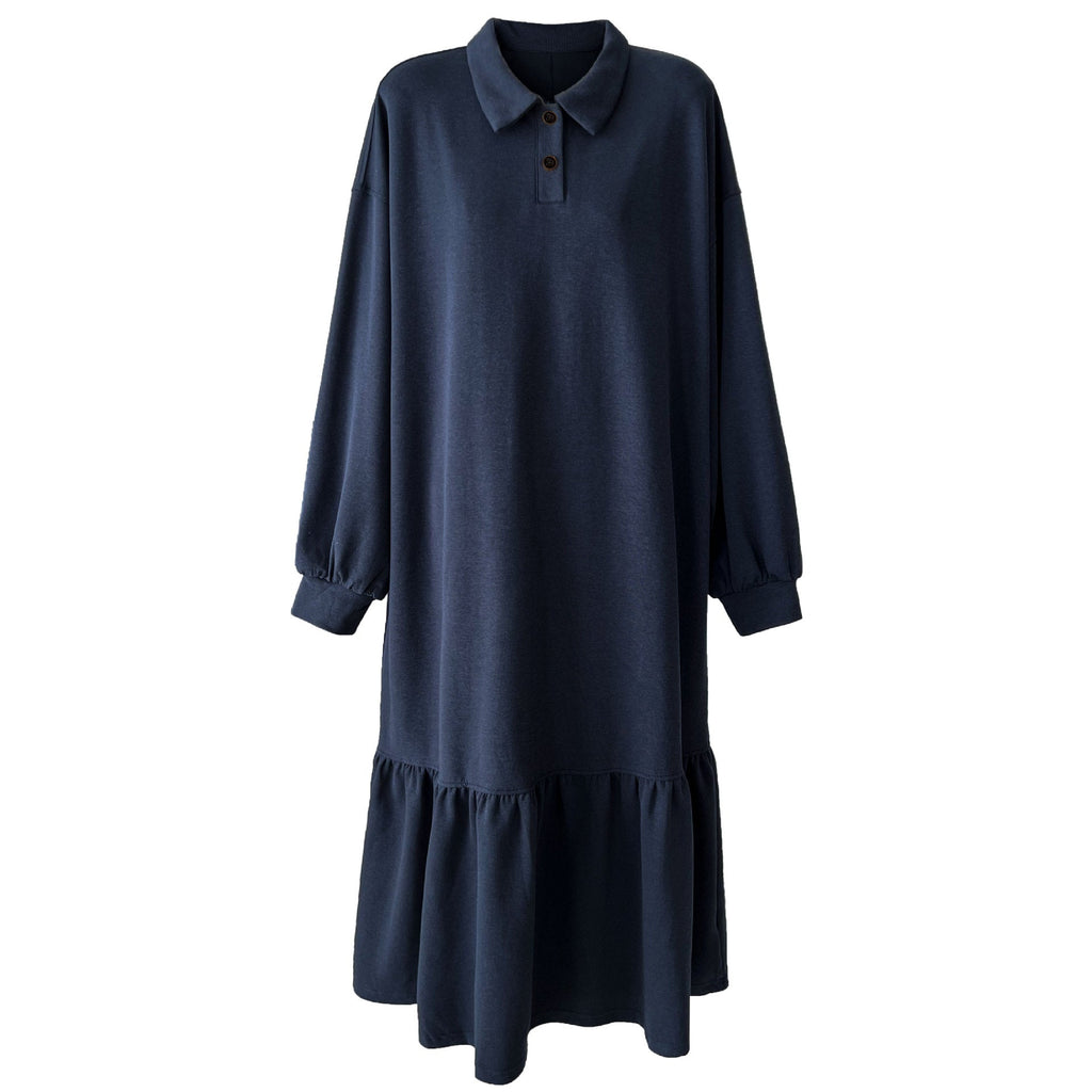 Japanese lapel splicing ruffle edge sweater long dress women's autumn new loose meat cover dress