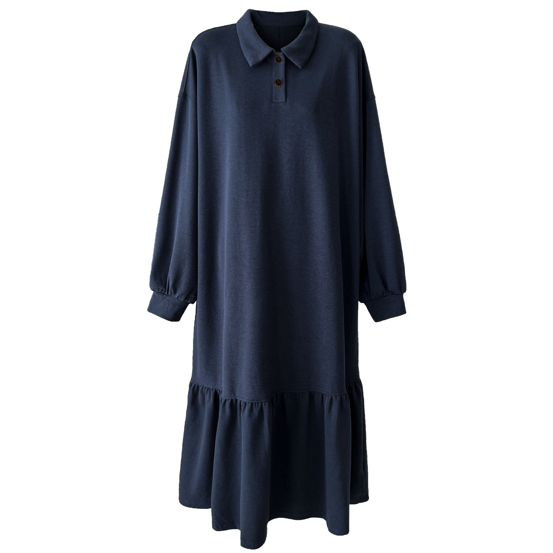 Japanese lapel splicing ruffle edge sweater long dress women's autumn new loose meat cover dress