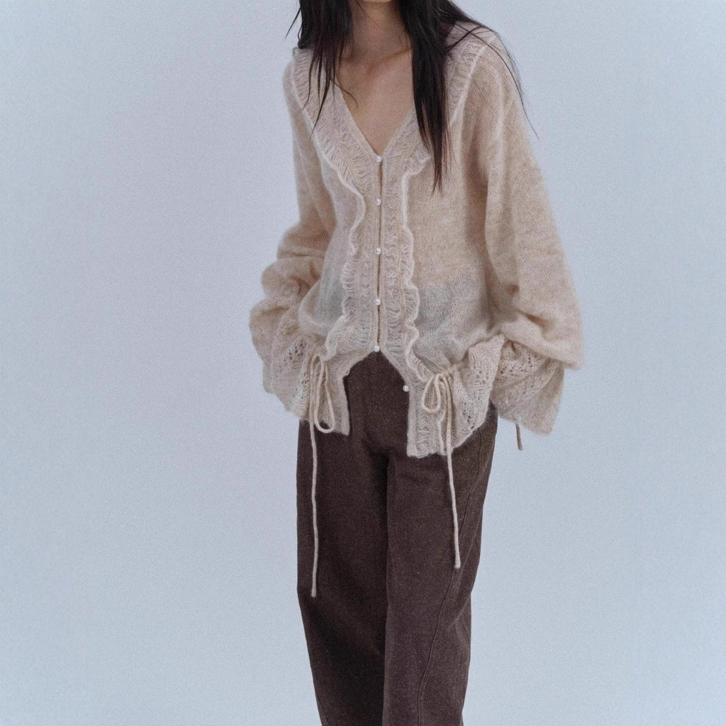 Oversized Mohair Wool Cardigan | V-Neck Drawstring Pearl Button Ruffle Hem