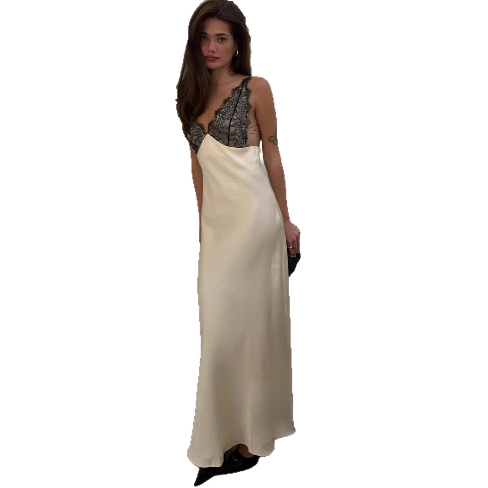 Satin dress female sexy European and American suspender skirt lace pure desire style splicing hip skirt