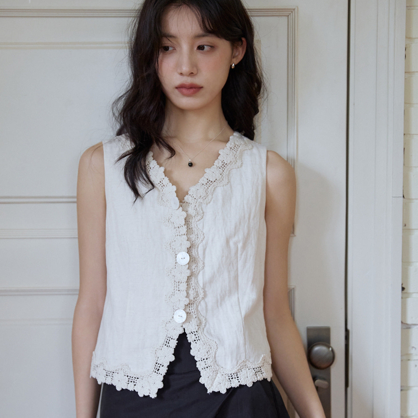 French apricot lace v-neck vest