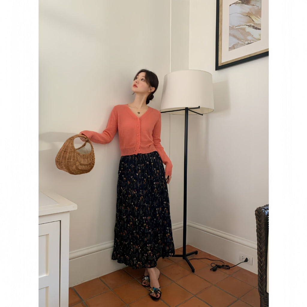 Women's High-Waist Floral Print Pleated Slim Maxi Skirt