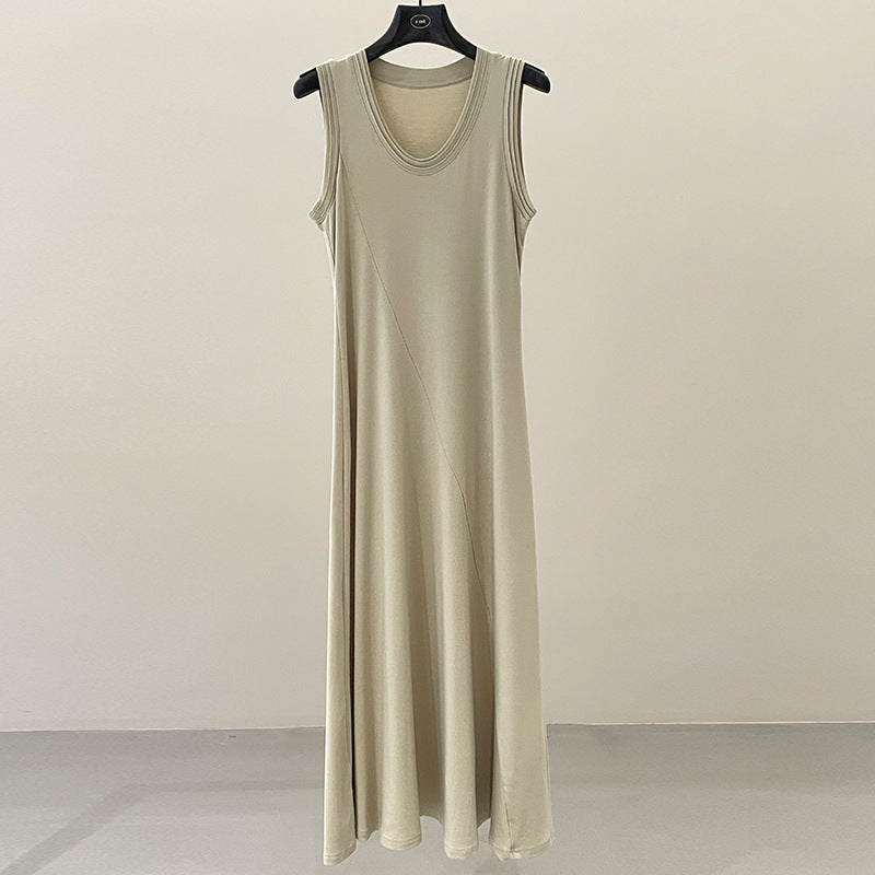 French minimalist U-neck vest dress spring and summer waist thin elastic knitted dress