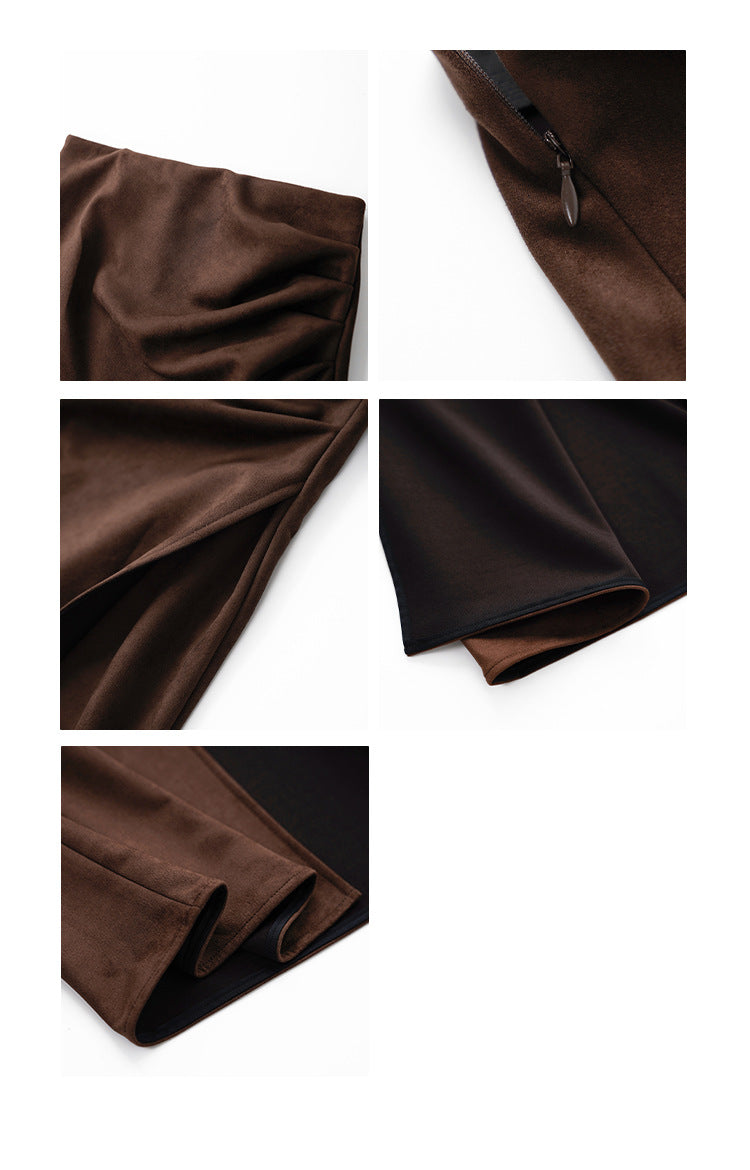 Hip-wrapped skirt for women, thin, pinch pleated front split-ended long one-step skirt