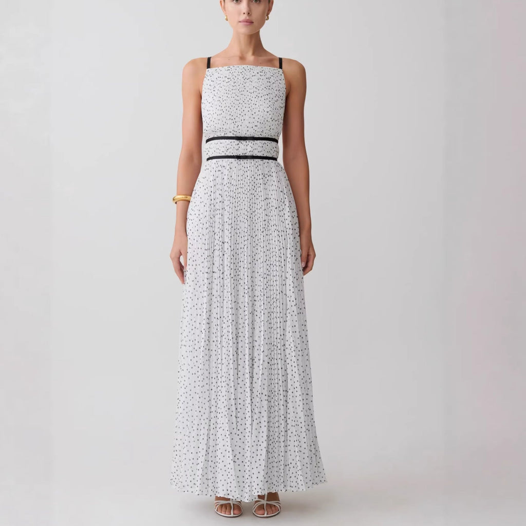 French polka dot pleated skirt waist sexy backless holiday style suspender dress