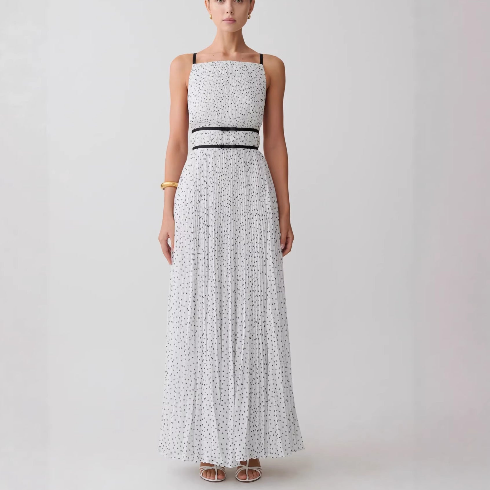 French polka dot pleated skirt waist sexy backless holiday style suspender dress