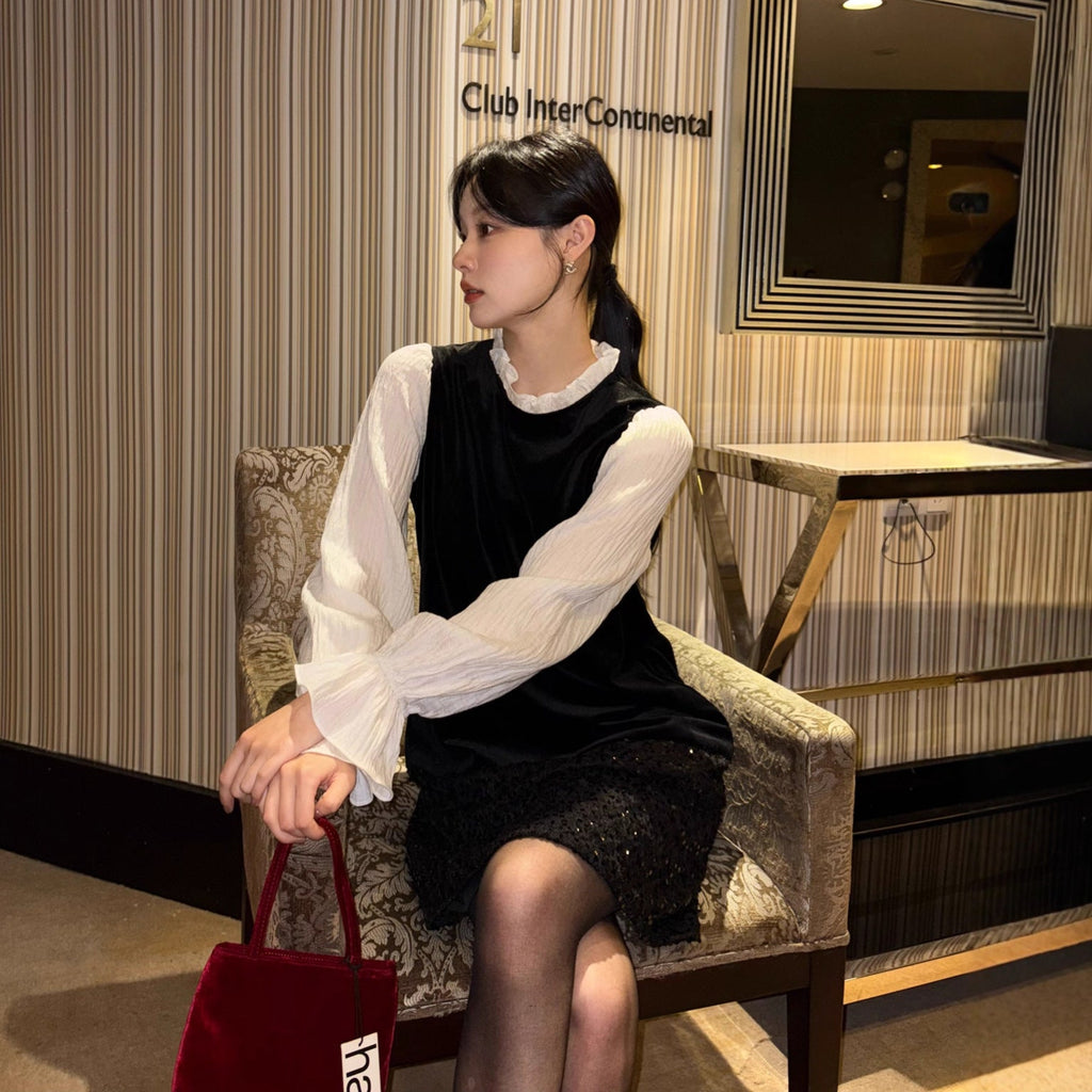 French rich daughter heavy industry sequined velvet fake two-piece dress