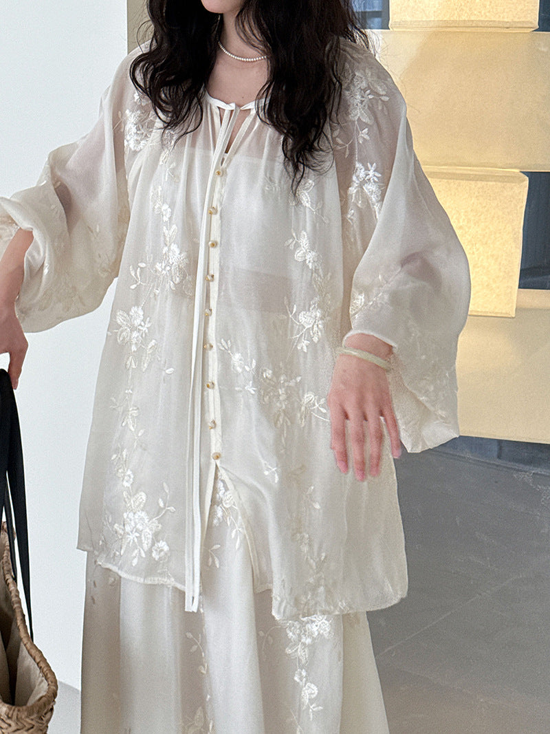 Embroidered shirt skirt set women's summer new heavy industry sunscreen two-piece set