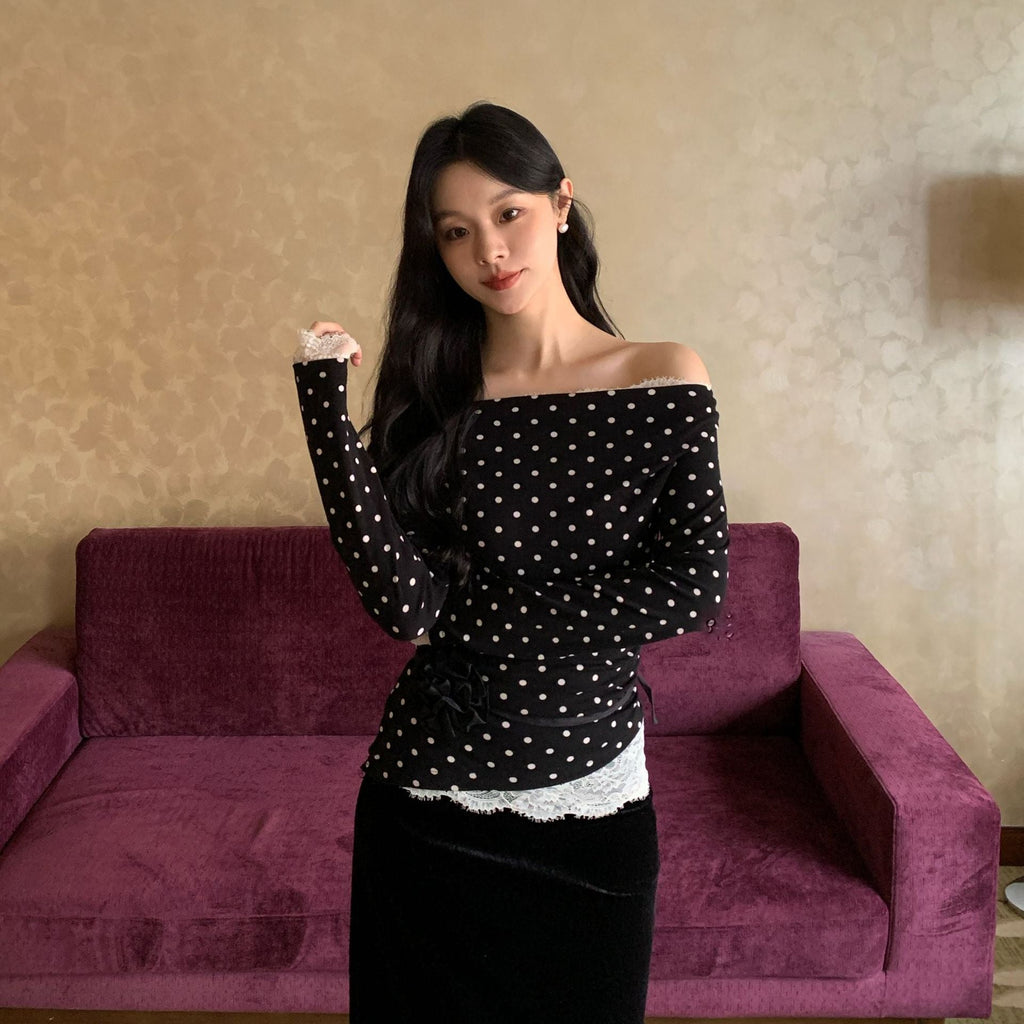 Gentle polka dot slanted shoulder slim-fit lace-edged long-sleeved knitted sweater