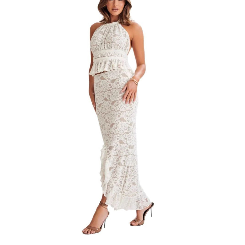 Women's new fashionable sexy Spice Girl lace neck top skirt suit women