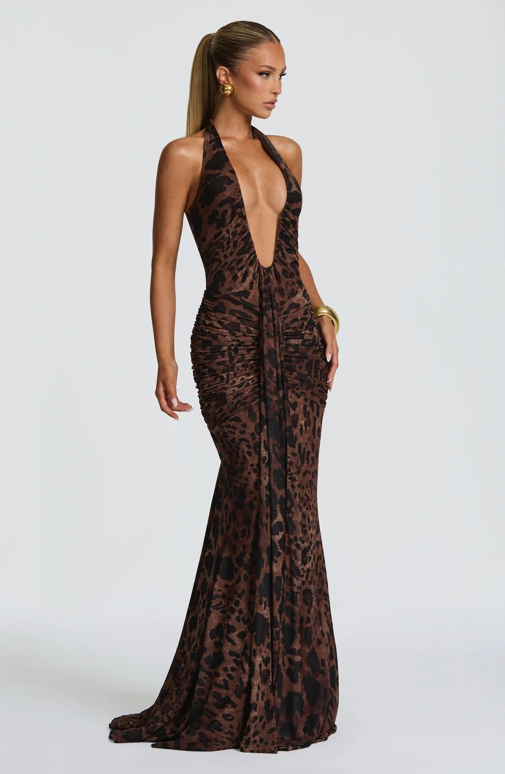Sexy hip skirt streamer neck deep V-neck slim fit Spice Girl leopard print dress