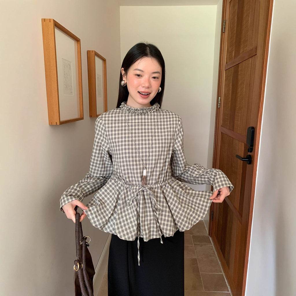 Autumn retro plaid waist design long-sleeved fungus edge stand-up collar shirt