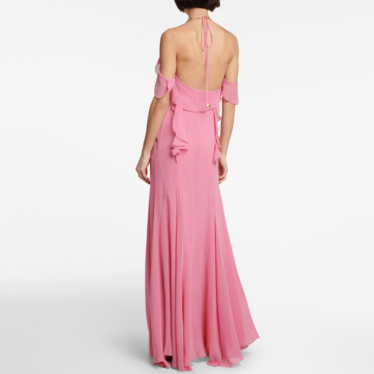 Split fork deep V neck suspender skirt backless pink ruffle edge long skirt