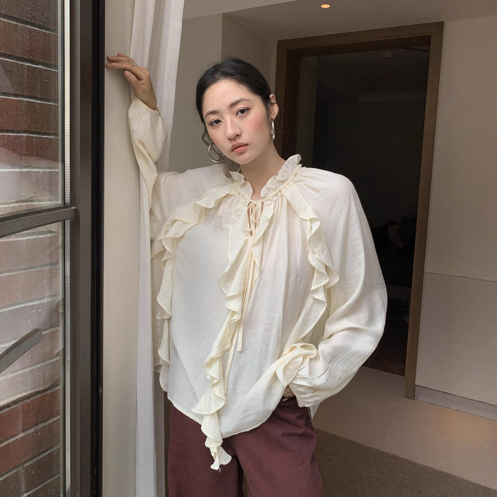 Autumn Chic French Splicing Design Lace-up Long Sleeve Ruffle Shirt