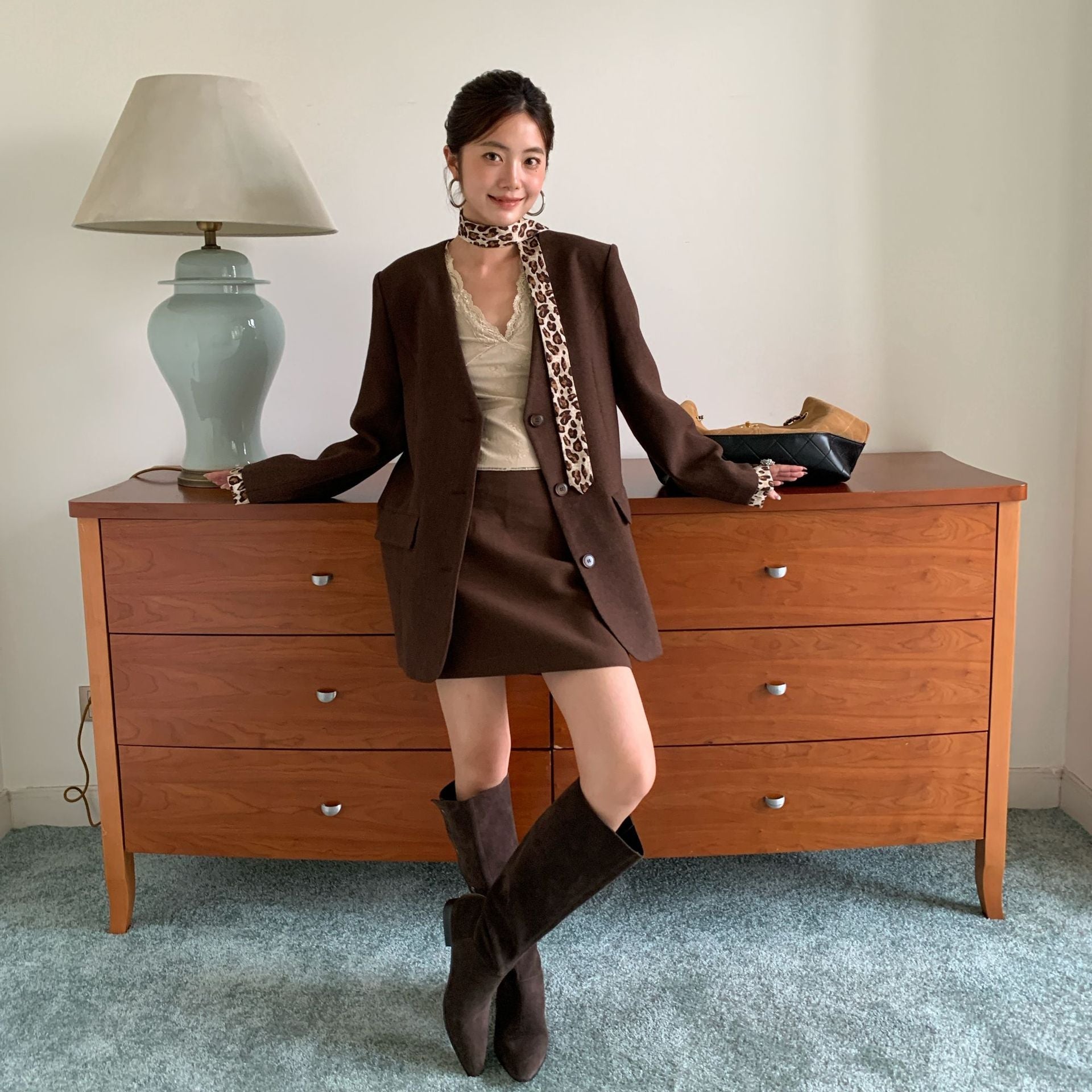 Autumn American fashion foreign style loose leopard print streamer v-neck blazer