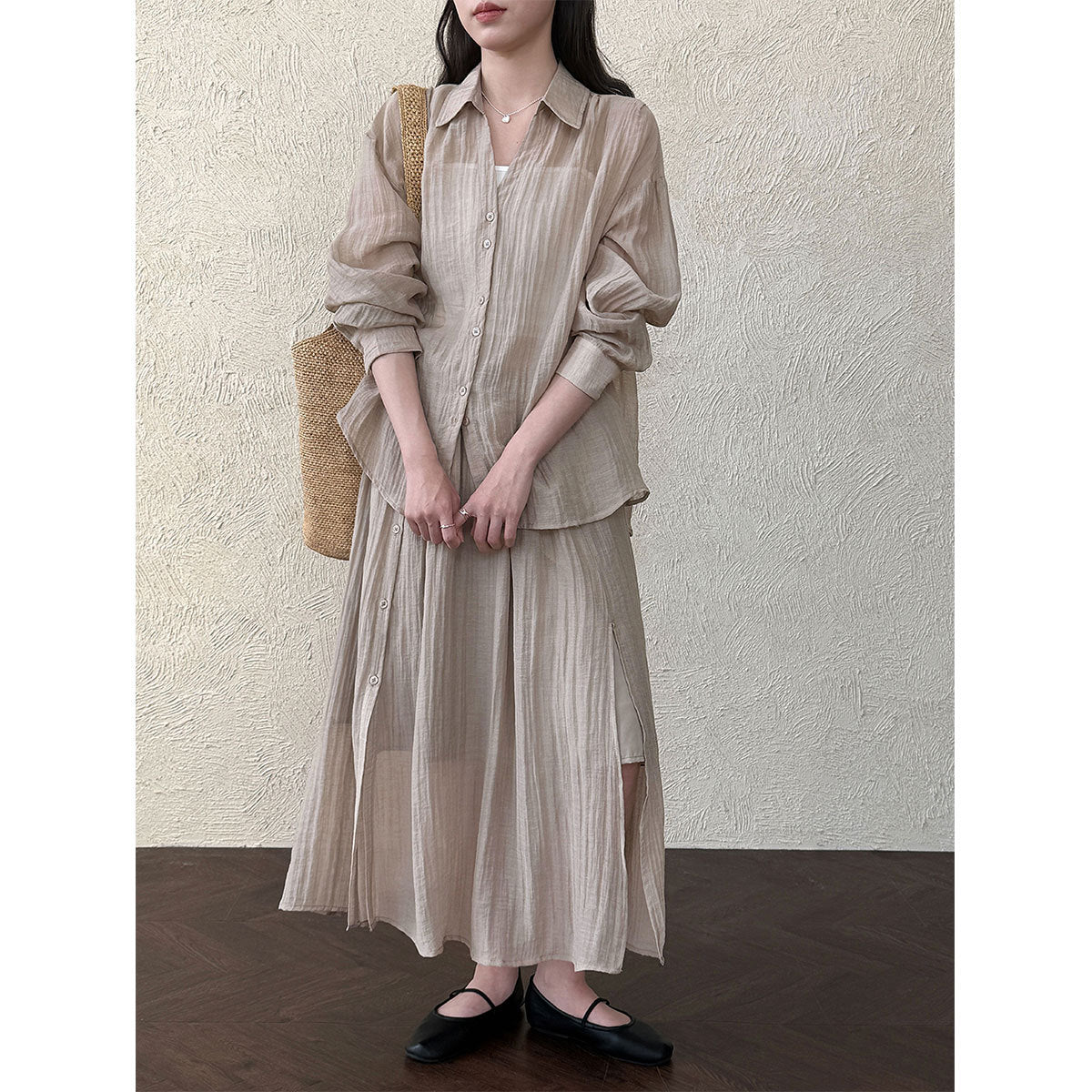 Lazy pleated shirt jacket + skirt women's spring new casual two-piece set