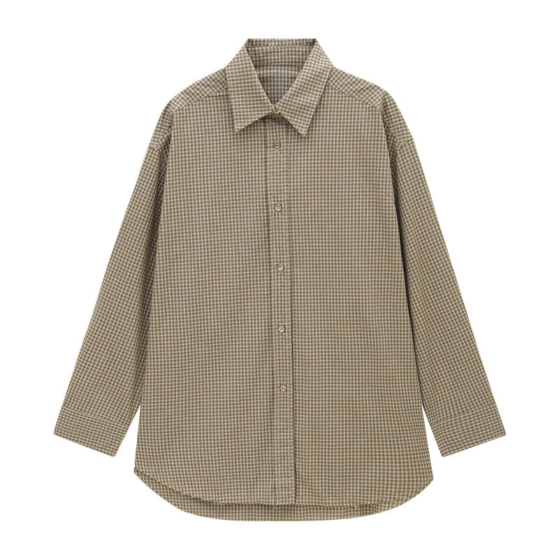 Retro plaid cotton diagonal buckle loose versatile shirt women