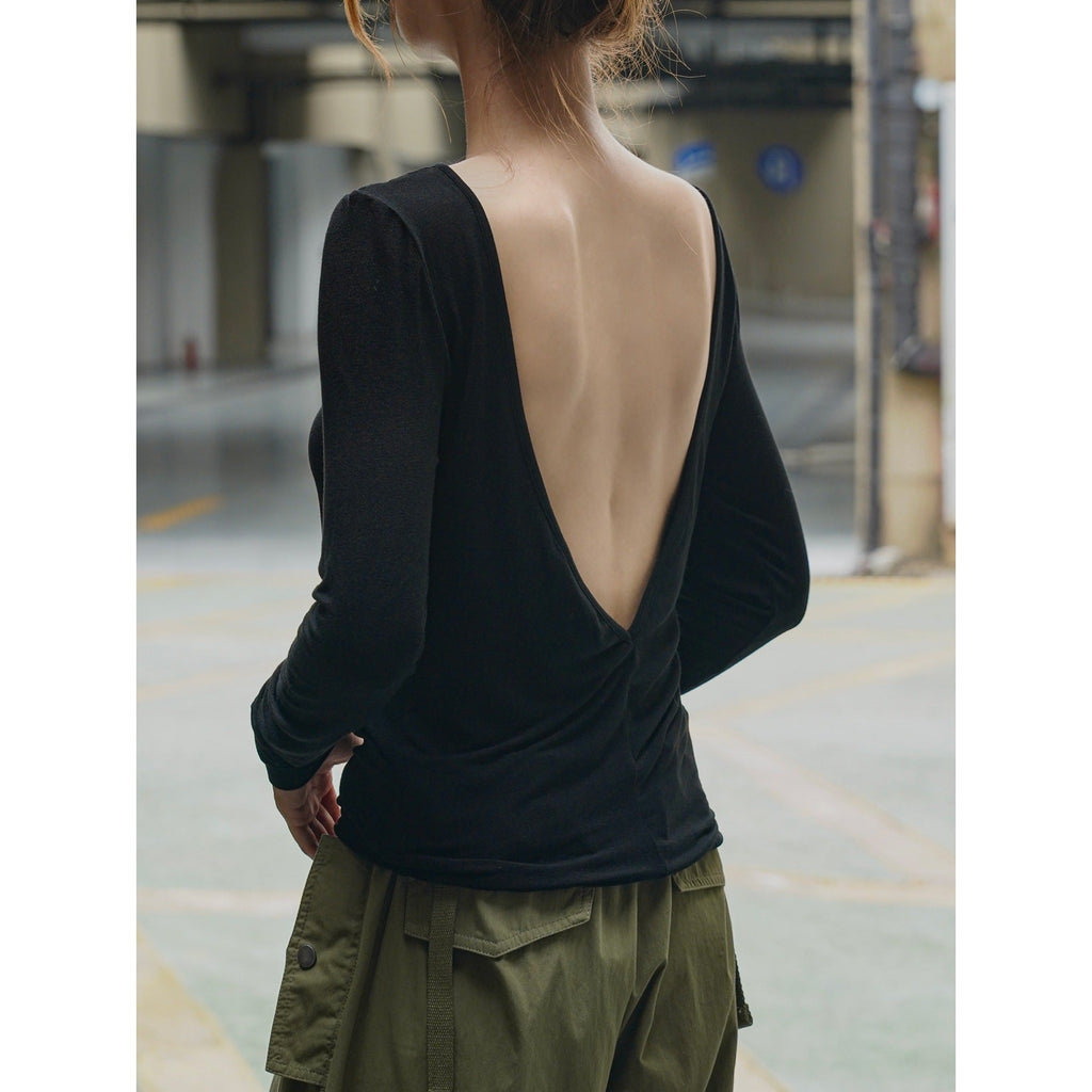 Round Neck Long Sleeve Knit Top Women Slim Fit Backless Pullover