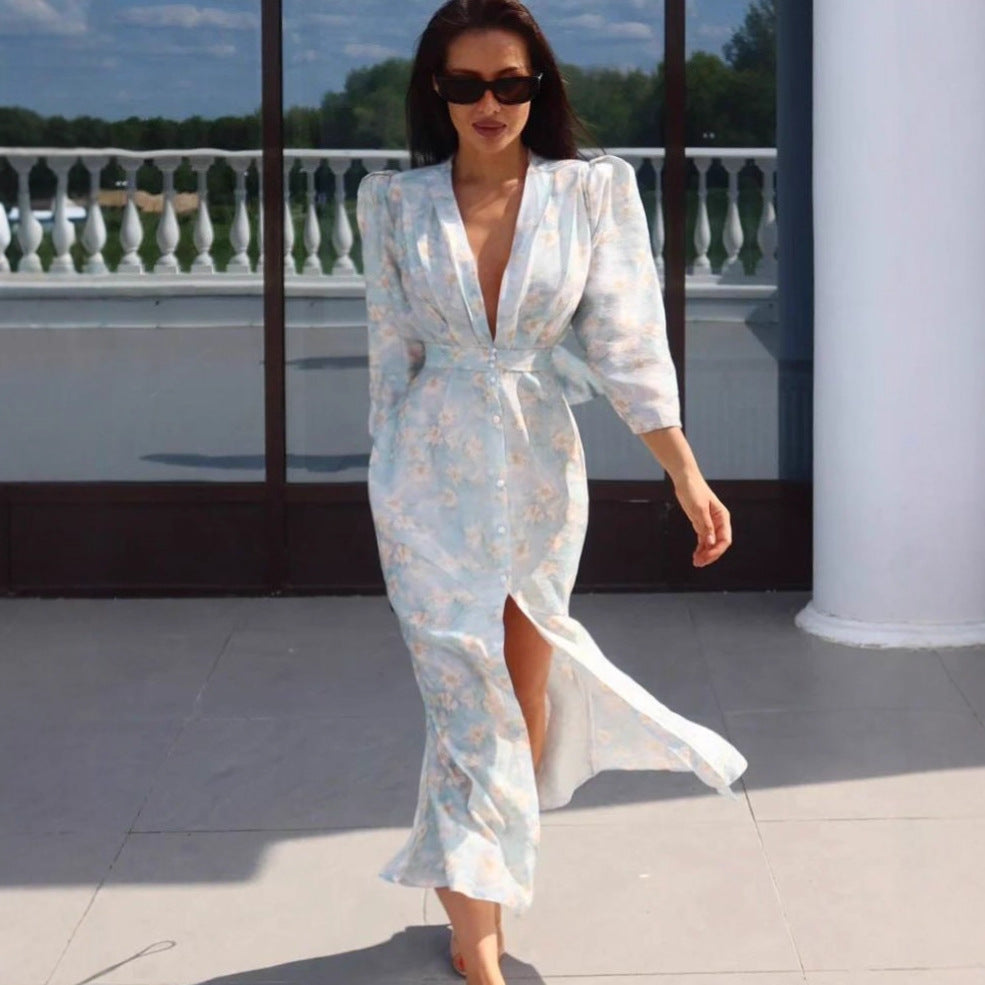 Sexy cardigan print skirt waist bubble sleeve split skirt fashion style dress