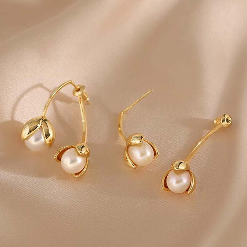 Simple French pearl flower cross earrings niche design stamen temperament stud earrings