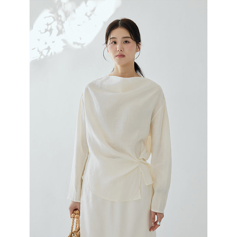 Swinging collar asymmetrical pleated lazy Tencel hemp shirt