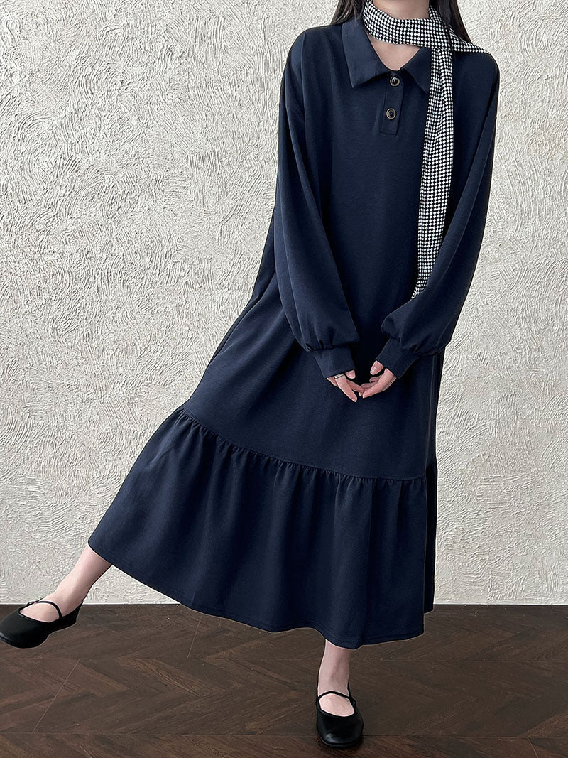 Japanese lapel splicing ruffle edge sweater long dress women's autumn new loose meat cover dress