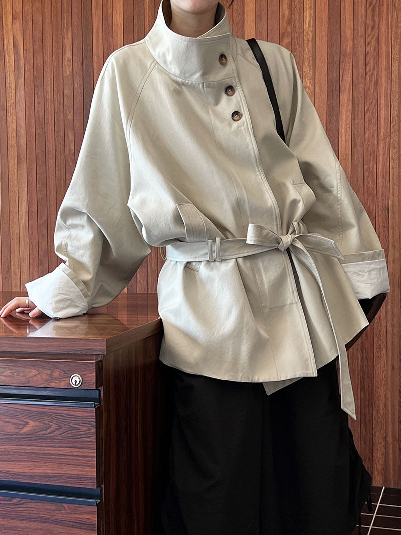 Autumn solid color stand-up collar short trench coat