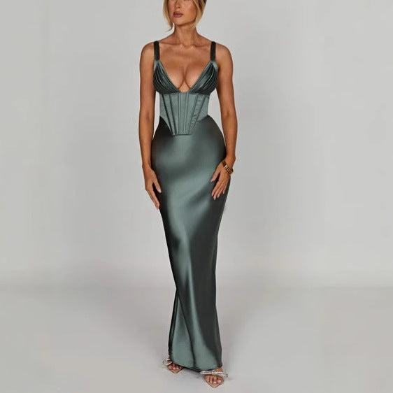 Sexy Fishbone Suspender Dress Fashion Halter Slim Satin Spice Girl Long Dress