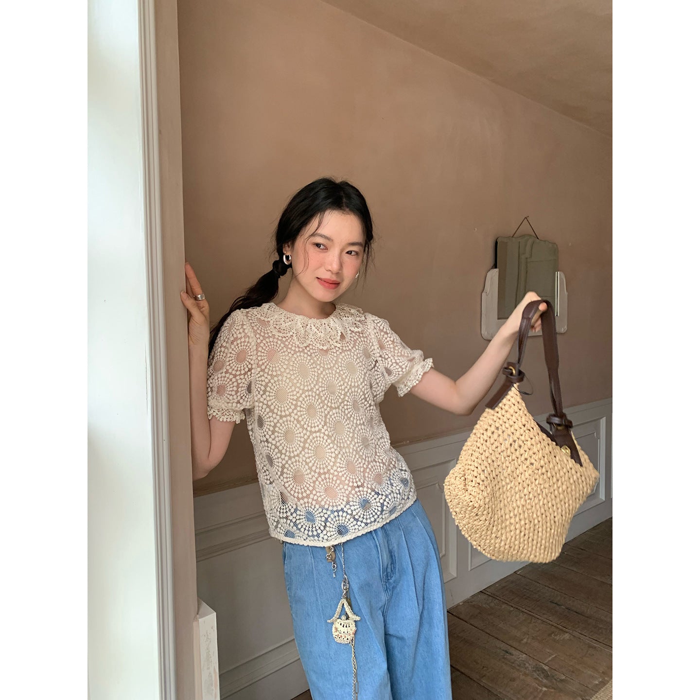 French-style foreign-style hollow-out perspective texture crochet lace shirt