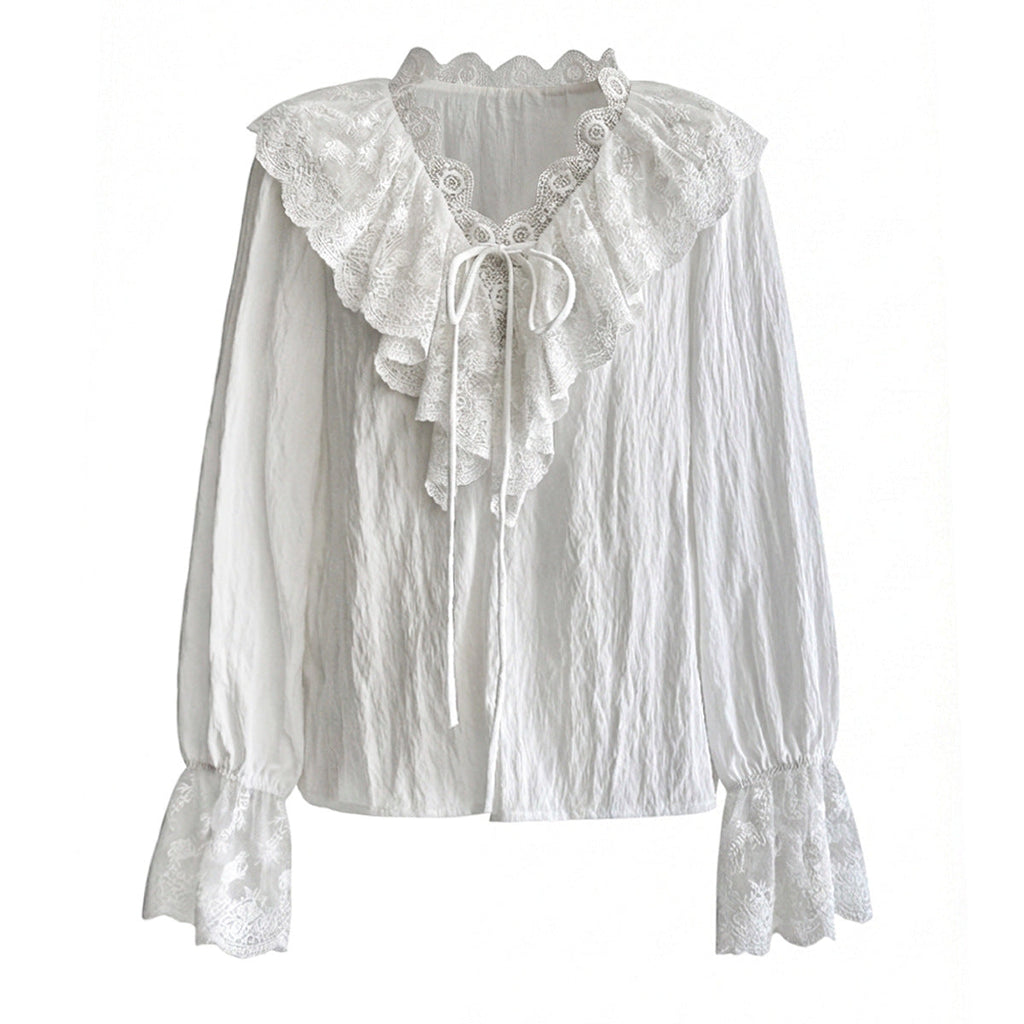 French V-Neck Lace Shirt Women's 26 Early Spring Gentle Wind Lace-Up Flared Sleeve Shirt